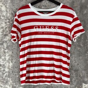 Guess Size S Spellout Striped Casual T Shirt Red White Short Sleeve Pullover